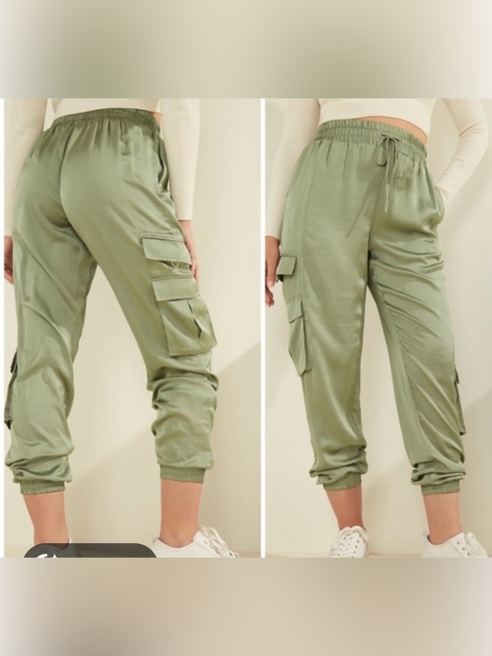 NWT Miss Sparkling Sage Green Satin Feel Cargo Jogger Pants XL Drawstring Waist
